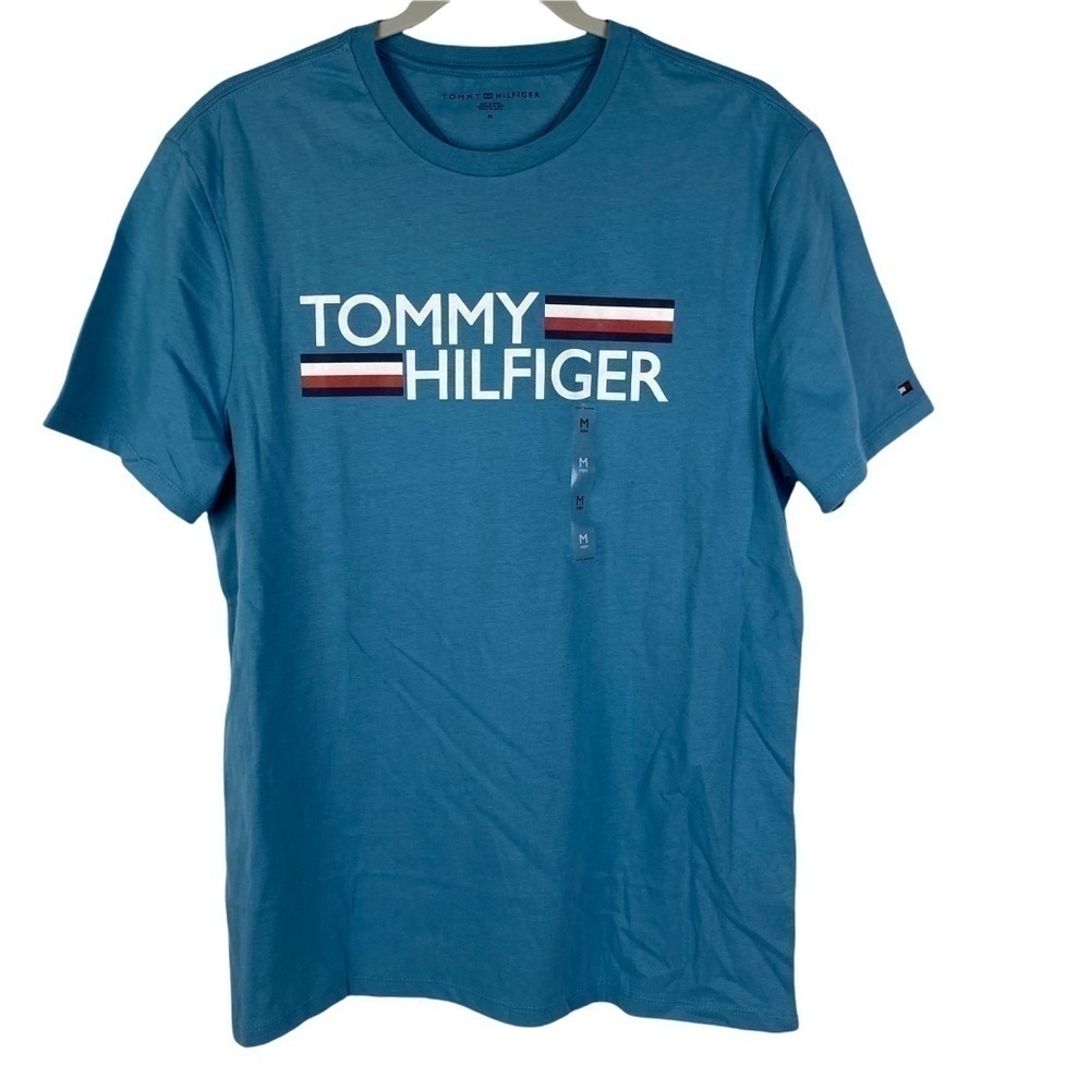 Tommy Hilfiger Fall '21 Graphic Stripe T-Shirt Men's Medium Blue Sleeve Flag NEW